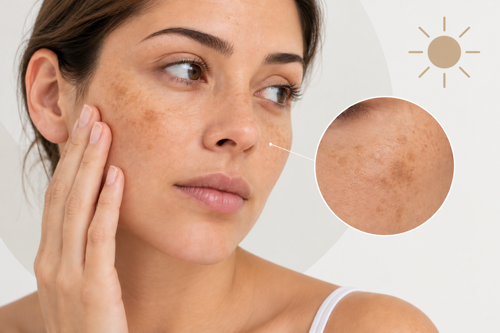 Manchas solares en el rostro y cuidado dermatológico. Mujer con manchas solares visibles en el rostro.